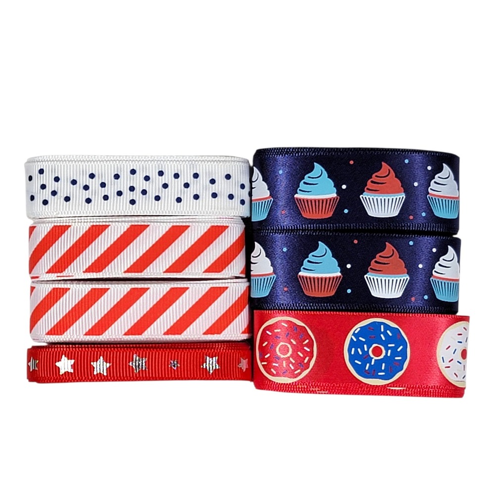 Patriotic Ribbon Bundle 14 Yds Red White Blue Cupcake Donut Stars Stripes Crafts